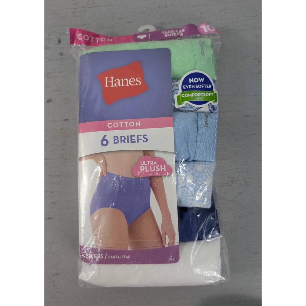 Hanes Womens 6 Pack Cotton Briefs Size 10 Multicolor Tagless Ultra Plush PP40AD